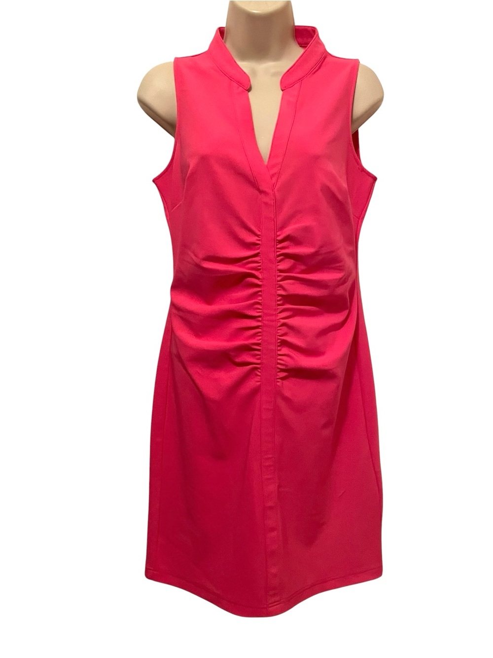 Boston Proper Dress Bright Pink Ruched in Front, V-neck Midi  Size small